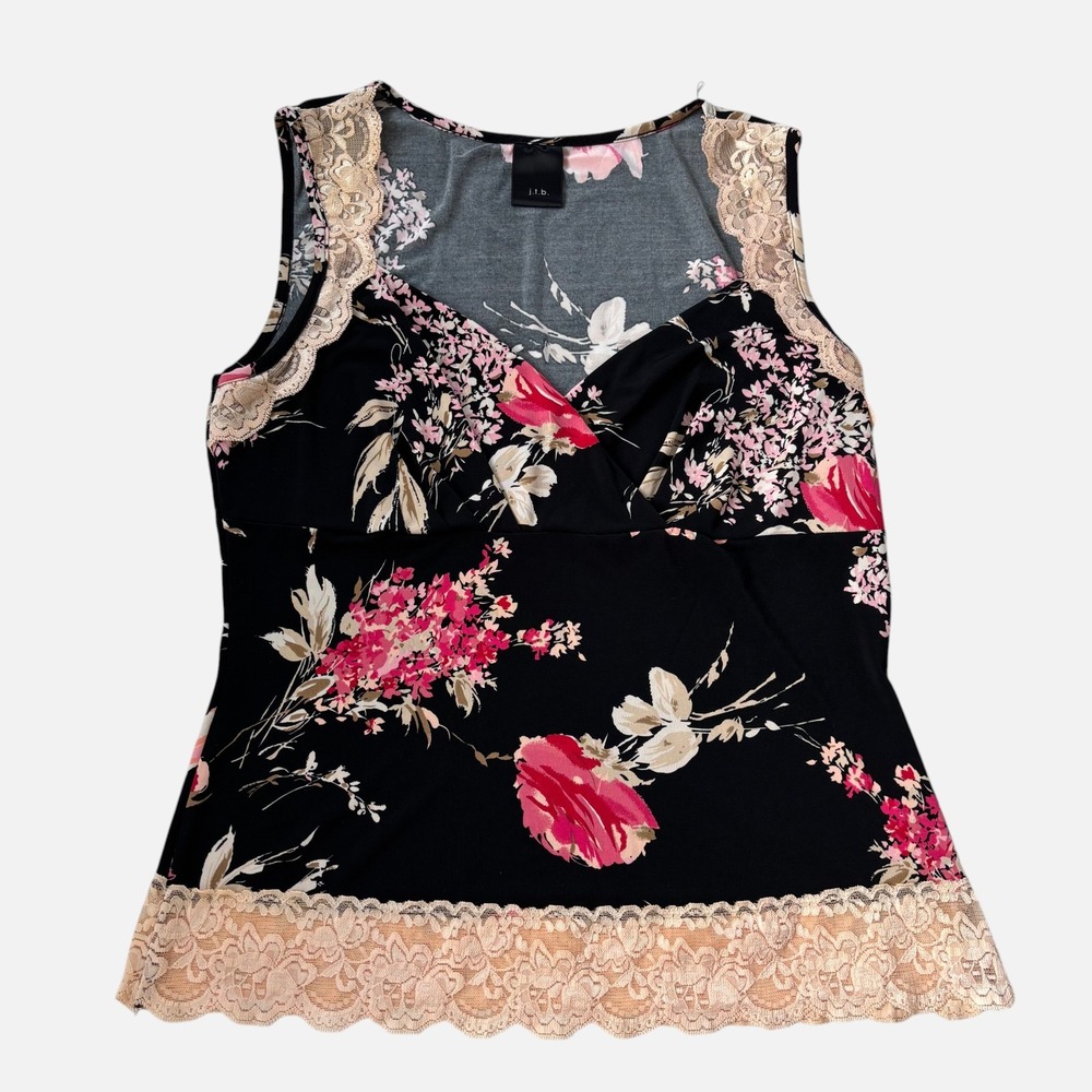 00s Vintage Y2K j.t.b. Floral Lace Trim Babydoll Top Summer Blouse Boho Large